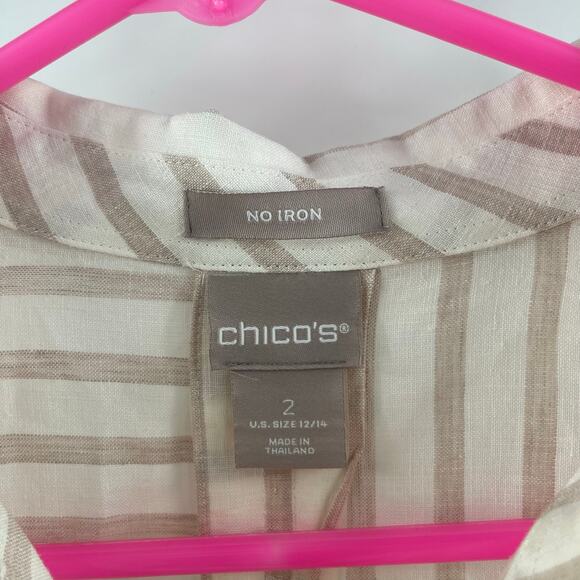 CHICO'S Shirt Size 12/14 No Iron Button Down 100% Linen Stripes White Neutral - Picture 5 of 13